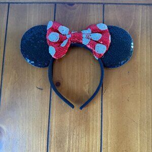 NEW Cute Red and Black Minnie Mouse Headband Ears -  Red Polka Dot Sequin Bow
